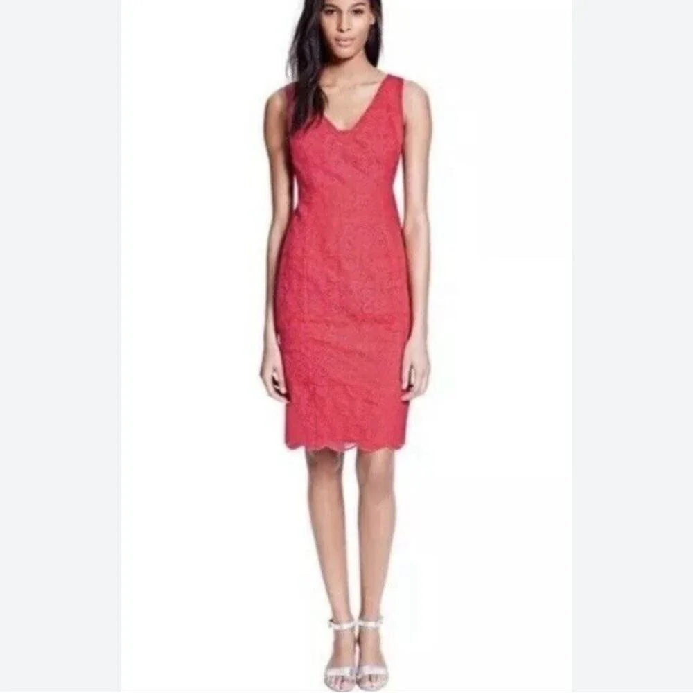 Tory Burch coral pink sheath dress, lined, lace overlay, v-neck, sleeveless 10